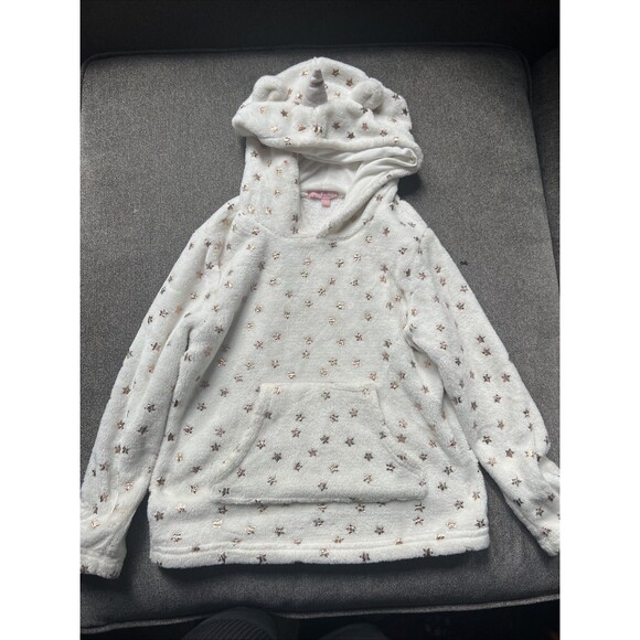 BCBGMaxAzria Other - BCBG Girls Fleece Hoodie 6 White Gold Star Print With Ears Pullover
